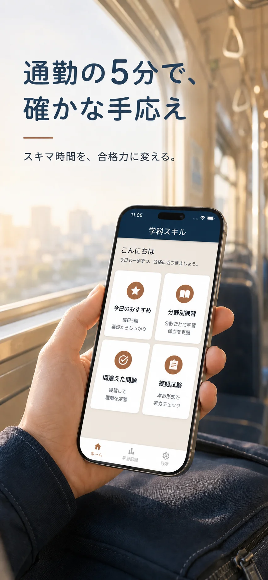 電車内でスマホに表示した学科スキルのホーム画面（今日のおすすめ・分野別練習・間違えた問題・模擬試験）